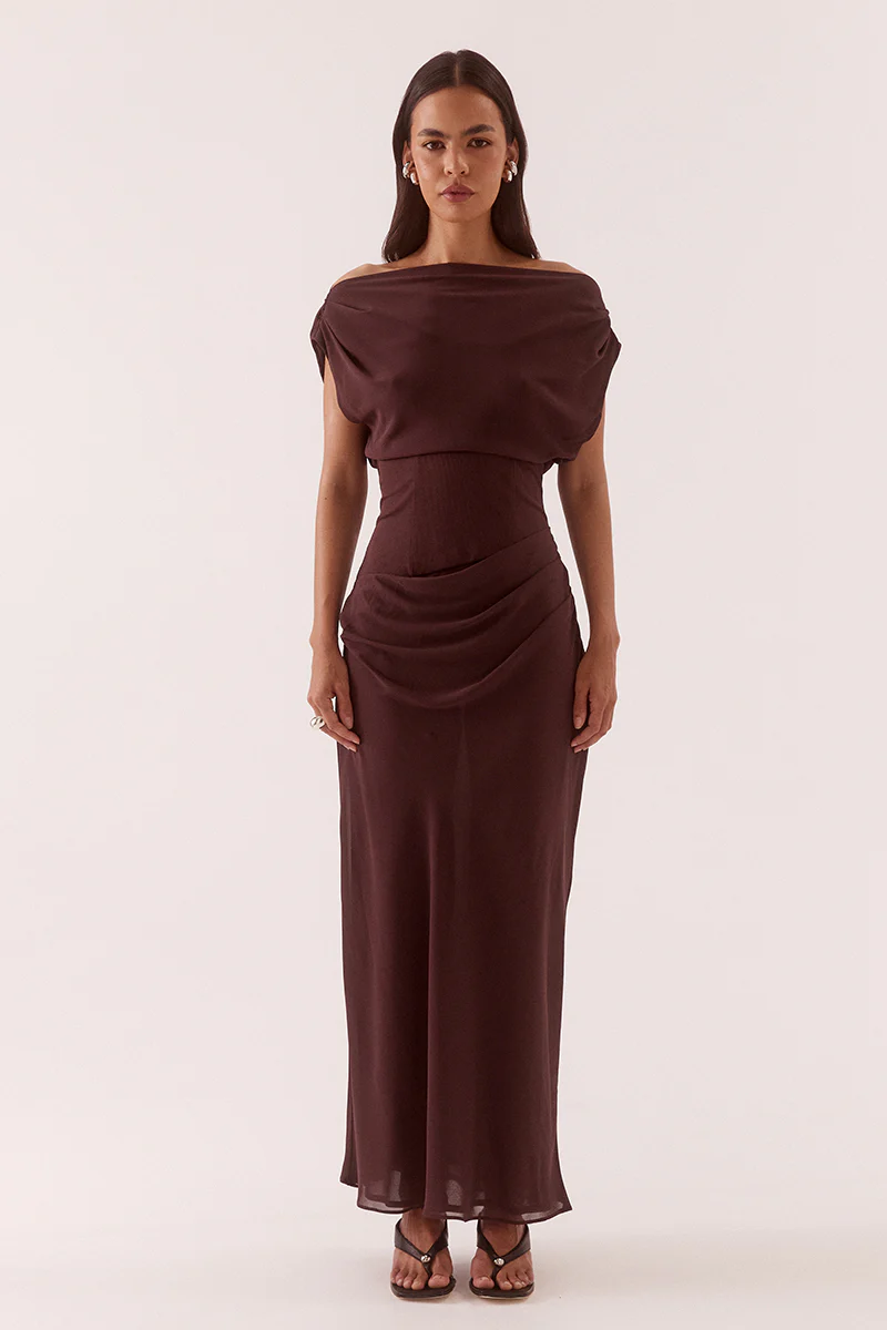 ADA OFF SHOULDER DRESS - CHOCOLATE