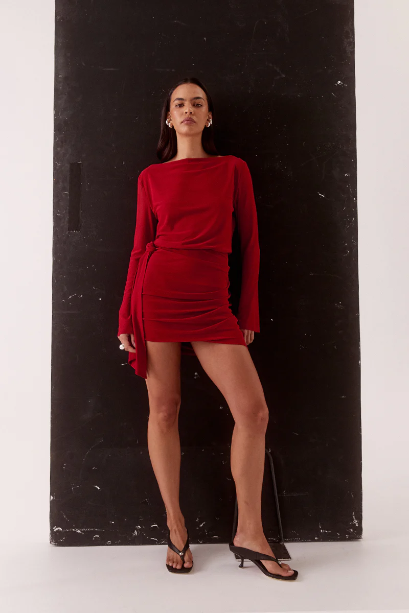 MYRIAD DRAPE MINI DRESS - CHERRY - Image 2