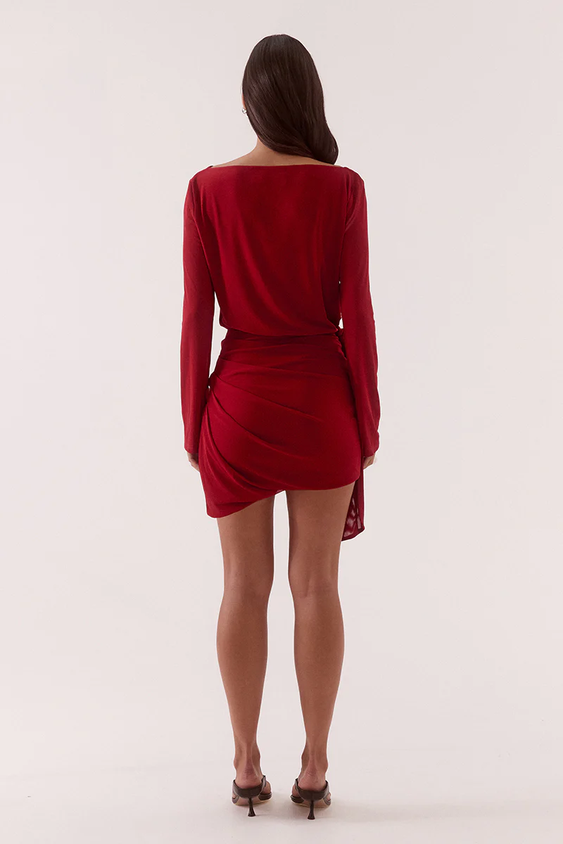 MYRIAD DRAPE MINI DRESS - CHERRY - Image 5